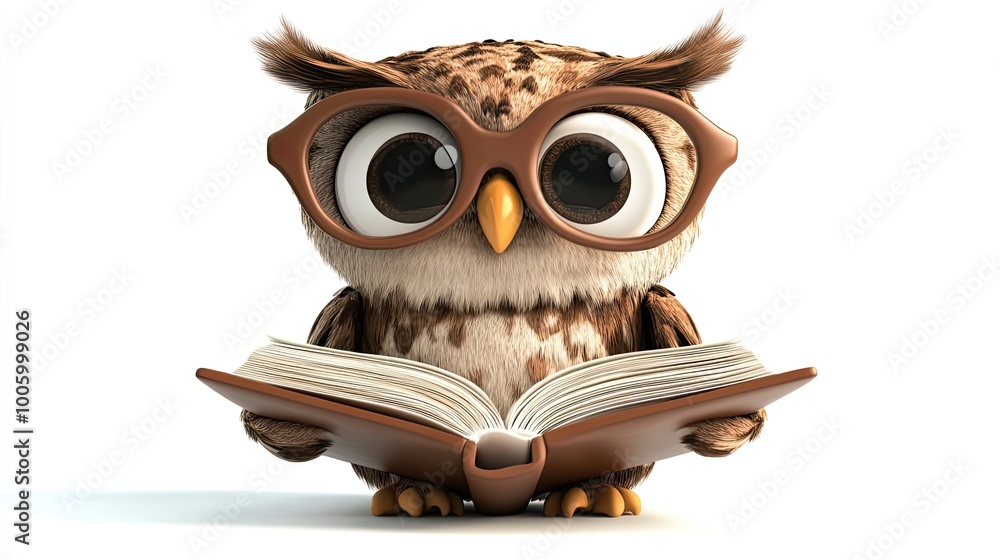 A cartoon owl with large eyes and round glasses is reading a book A cartoon owl with large eyes and round glasses is reading a book