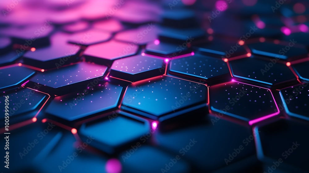 Abstract Hexagon Pattern with Neon Lights and Glowing Dots Abstract Hexagon Pattern with Neon Lights and Glowing Dots