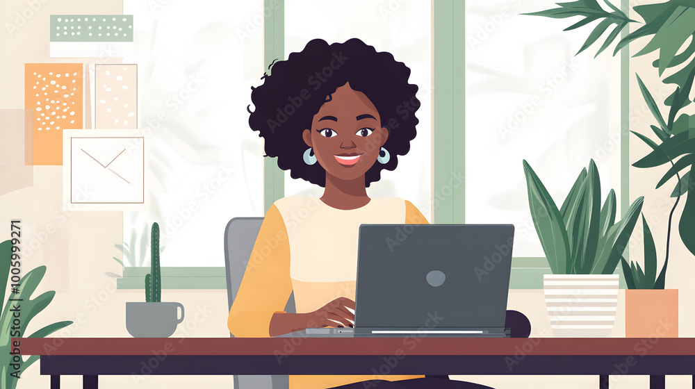 Happy Female african american woman working from home, Woman work remotely at home office, concept for modern and digital work like digitalnomads, illustration Happy Female african american woman working from home, Woman work remotely at home office, concept for modern and digital work like digitalnomads, illustration