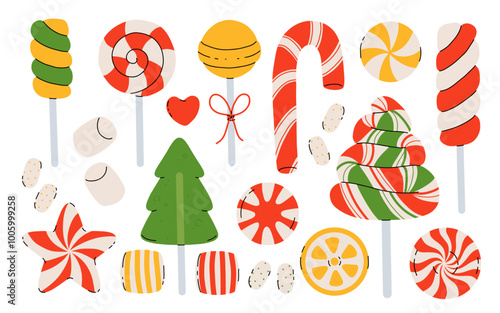 Christmas candy, sweets, lollipops, candy cane set. Peppermint candies red and white collection. Assorted striped and swirl caramel.
