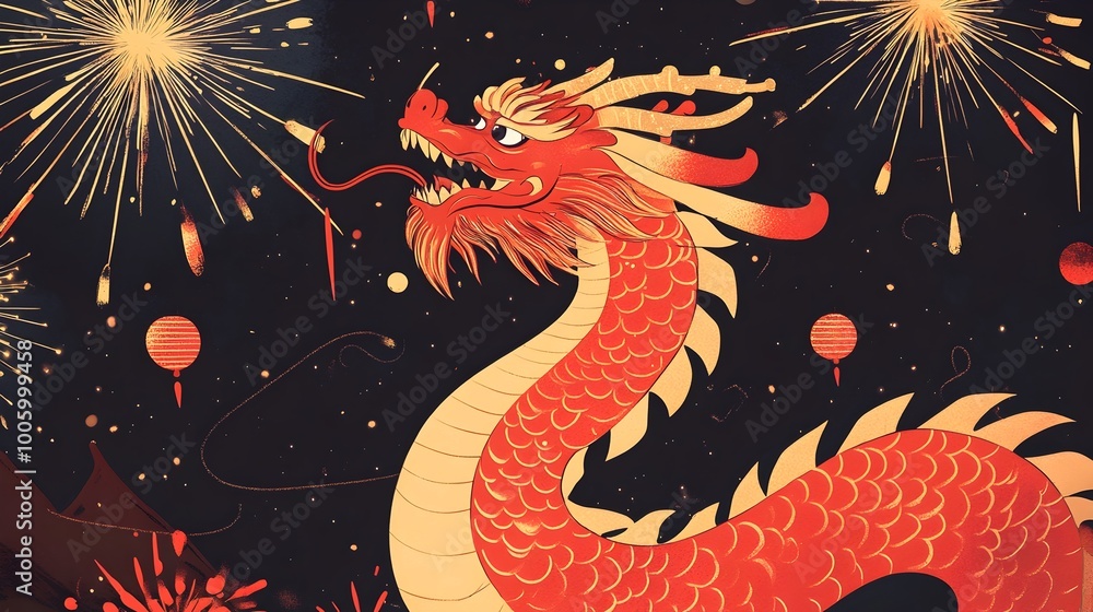 Vibrant Chinese New Year Dragon and Fireworks Flat design style graphic with traditional Chinese cultural elements like dragon fireworks lanterns Vibrant Chinese New Year Dragon and Fireworks Flat design style graphic with traditional Chinese cultural elements like dragon fireworks lanterns