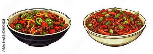 Vector illustration of a hearty chili bowl topped with peppers, perfect for comfort food and culinary-themed designs. Generative AI.