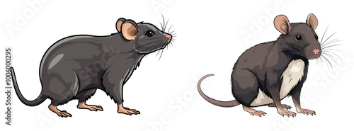 Vector illustration of two black mice with different body postures and facial expressions, standing on a white background. Generative AI.