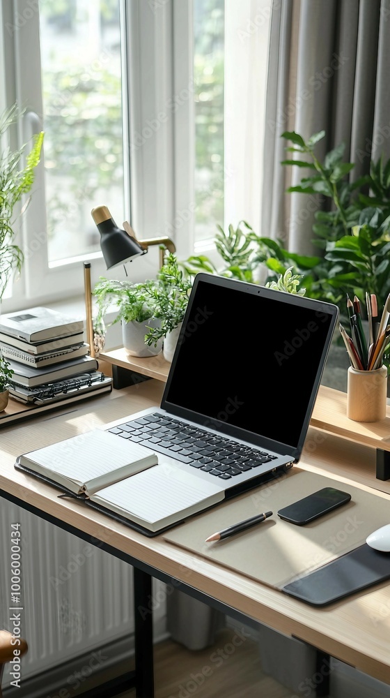 Laptop, Notebook, and Desk Accessories in a Home Office Setting Laptop, Notebook, and Desk Accessories in a Home Office Setting