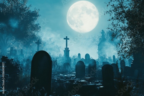 A spooky graveyard under a full moon, with eerie mist floating over the headstones. Dark, haunting atmosphere perfect for Halloween or horror themes - generative ai photo