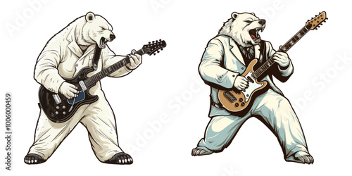 Vector illustration of two polar bears rocking out on electric guitars, perfect for music, band, or entertainment designs. Generative AI.