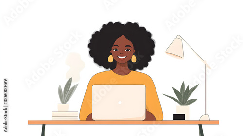 Happy Female african american woman working from home, Woman work remotely at home office, concept for modern and digital work like digitalnomads, illustration photo