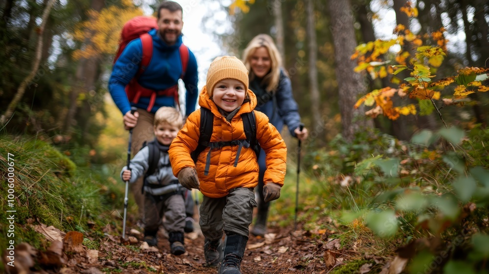 Family enjoying an autumn hike in the forest, children leading the way, dressed warmly with smiles. Family enjoying an autumn hike in the forest, children leading the way, dressed warmly with smiles.