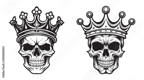 Vector illustration of two skulls wearing intricate crowns in black and white. Ideal for gothic, fantasy, or tattoo designs. Generative AI.
