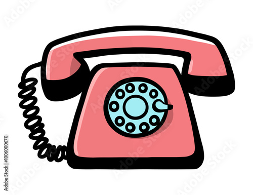 Vector illustration of a retro-style pink rotary telephone with a coiled cord and a turquoise dial, ideal for vintage or communication-themed designs. Generative AI.