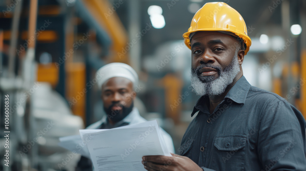 Confident construction worker wearing a yellow hard hat, holding documents in a busy factory, representing leadership and dedication in industrial environments, manufacturing, team, engineering Confident construction worker wearing a yellow hard hat, holding documents in a busy factory, representing leadership and dedication in industrial environments, manufacturing, team, engineering
