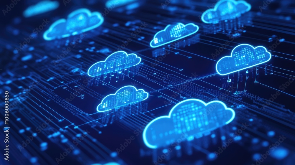 A digital interface showing multiple hologram cloud icons connected to a network, symbolizing cloud data sharing. A digital interface showing multiple hologram cloud icons connected to a network, symbolizing cloud data sharing.