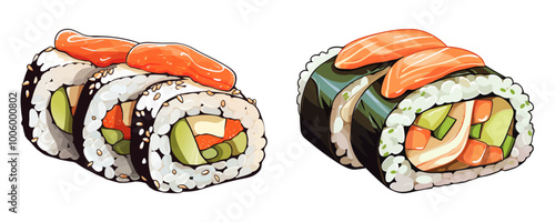 Detailed vector illustration of sushi rolls with sesame seeds, filled with fresh ingredients and topped with salmon. Generative AI.