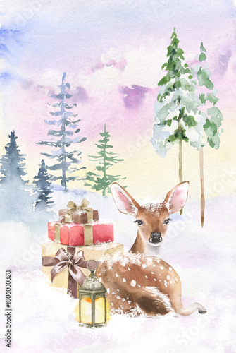 Watercolor magical Christmas forest with cute deer, present boxes, lantern, pine, fir trees, fairytale clouds. Hand drawn watercolor illustration. Winter background, snowy landscape