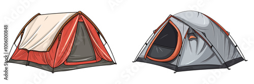 Vector illustration of two unique tent designs in red and gray, perfect for outdoor camping and shelter. Generative AI.