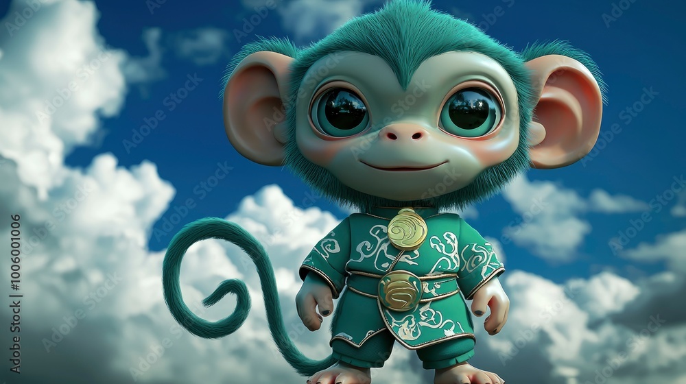 Cute Cartoon Monkey with Big Eyes in Green Outfit Against a Cloudy Sky Cute Cartoon Monkey with Big Eyes in Green Outfit Against a Cloudy Sky