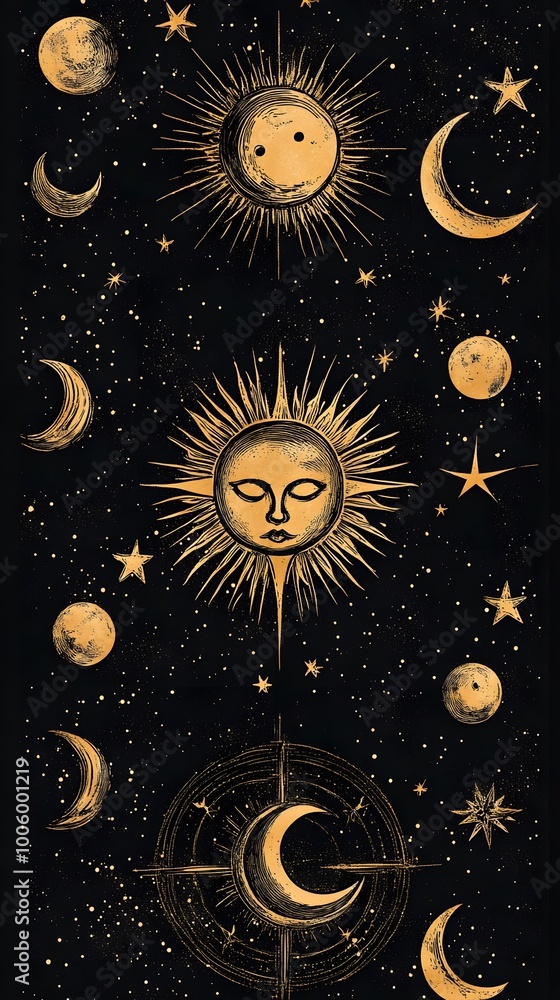A black background with various celestial symbols, such as suns and moons A black background with various celestial symbols, such as suns and moons