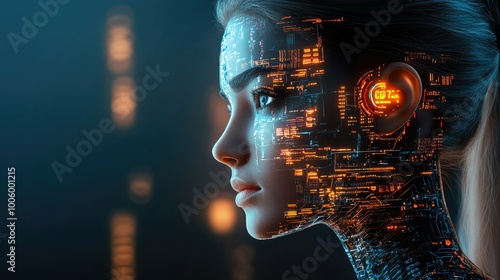 A futuristic android woman with sleek metallic skin, data overlays and glowing symbols running across her face, blending technology with human-like features.