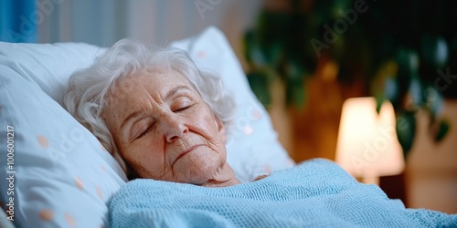 Elderly woman sleeping peacefully in a cozy bed at night, illuminated by a soft bedside lamp in a warm and comforting setting.