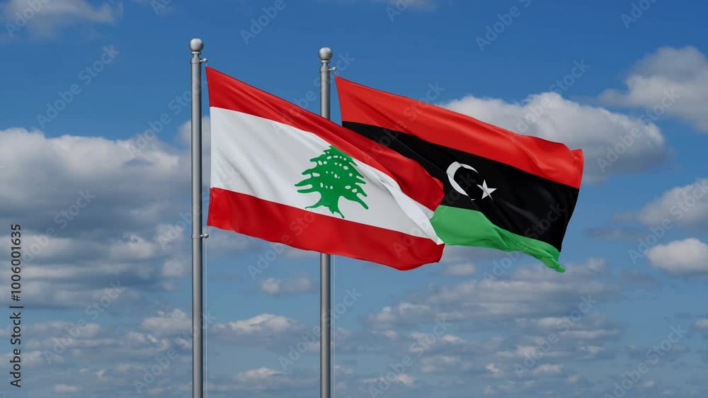 Libya and Lebanon flags flying together, video concept of the relationship, two country cooperation concept Libya and Lebanon flags flying together, video concept of the relationship, two country cooperation concept