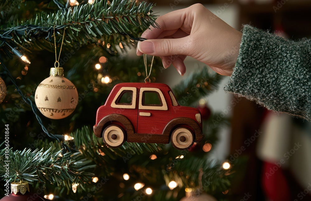 © Georgii - A hand decorates a Christmas tree with a red car ornament amid festive lights and traditional baubles © Georgii - A hand decorates a Christmas tree with a red car ornament amid festive lights and traditional baubles