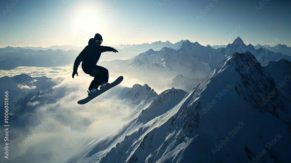 Snowboarder performing a high-flying trick in mid-air, with the snow-covered mountains and a clear sky in the background Snowboarder performing a high-flying trick in mid-air, with the snow-covered mountains and a clear sky in the background