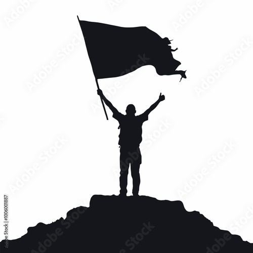 a black silhouette of a person holding a flag. The person is standing on a pedestal and is raising their right arm