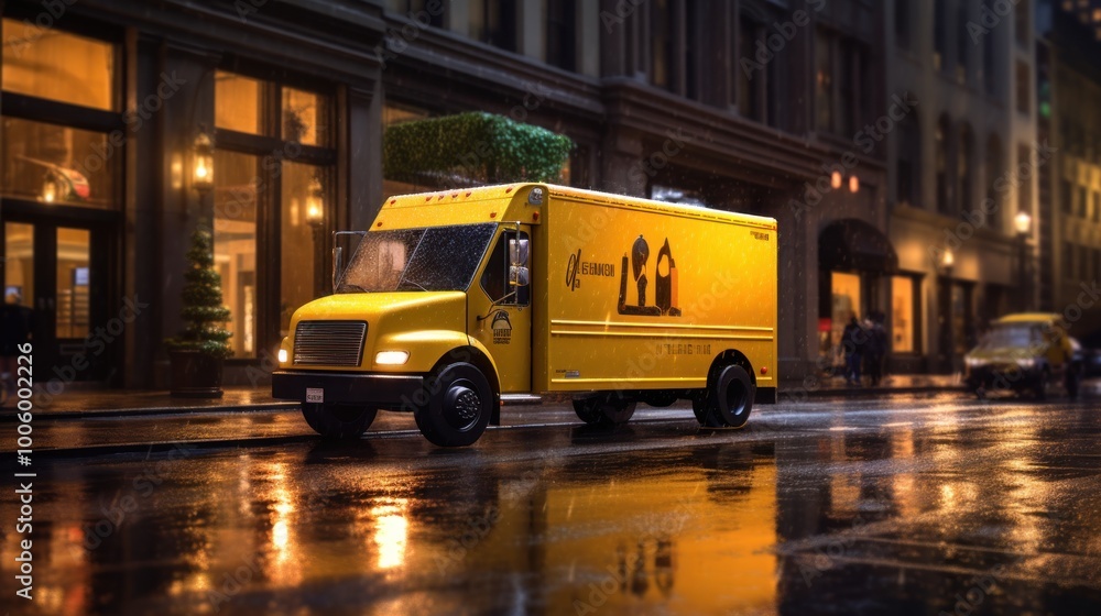Delivery Truck in Rainy City at Night Delivery Truck in Rainy City at Night