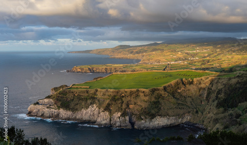 Breathtaking view of the cliff Atlantic ocean coat at sunset Azores islands Portugal