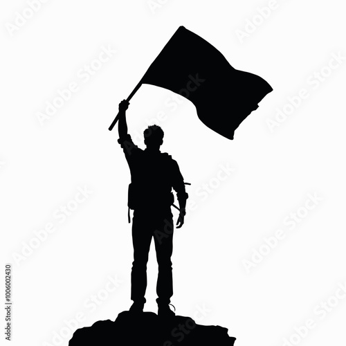 a black silhouette of a person holding a flag. The person is standing on a pedestal and is raising their right arm