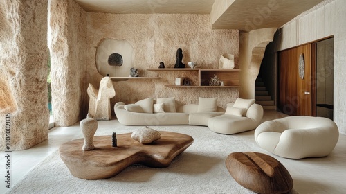 Wallpaper Mural A modern living room with floating shelves, avant-garde sculptures, and designer furniture, boasting a bold and innovative design. Torontodigital.ca