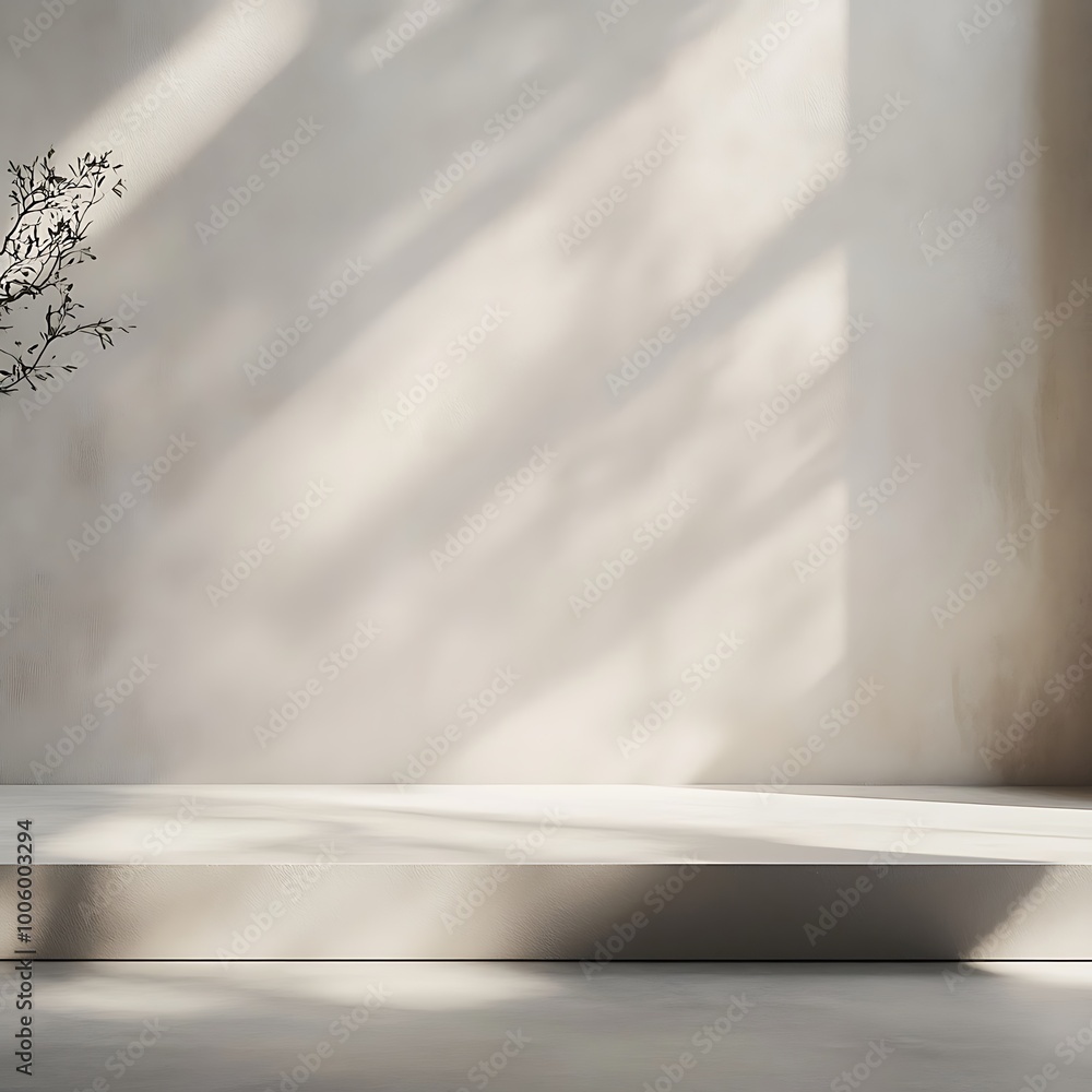 3D table and wall in an empty studio room. Podium against a white wall. Tabletop surface for product presentation. Platform with concrete texture for beauty advertising. 3D table and wall in an empty studio room. Podium against a white wall. Tabletop surface for product presentation. Platform with concrete texture for beauty advertising.