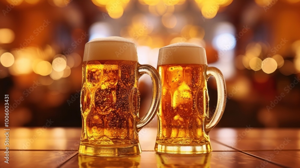 Two Frosty Beer Mugs on a Bar Counter Two Frosty Beer Mugs on a Bar Counter