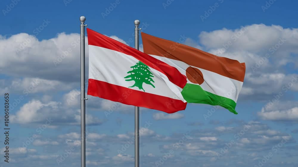 Niger and Lebanon flags flying together, video concept of the relationship, two country relations concept Niger and Lebanon flags flying together, video concept of the relationship, two country relations concept