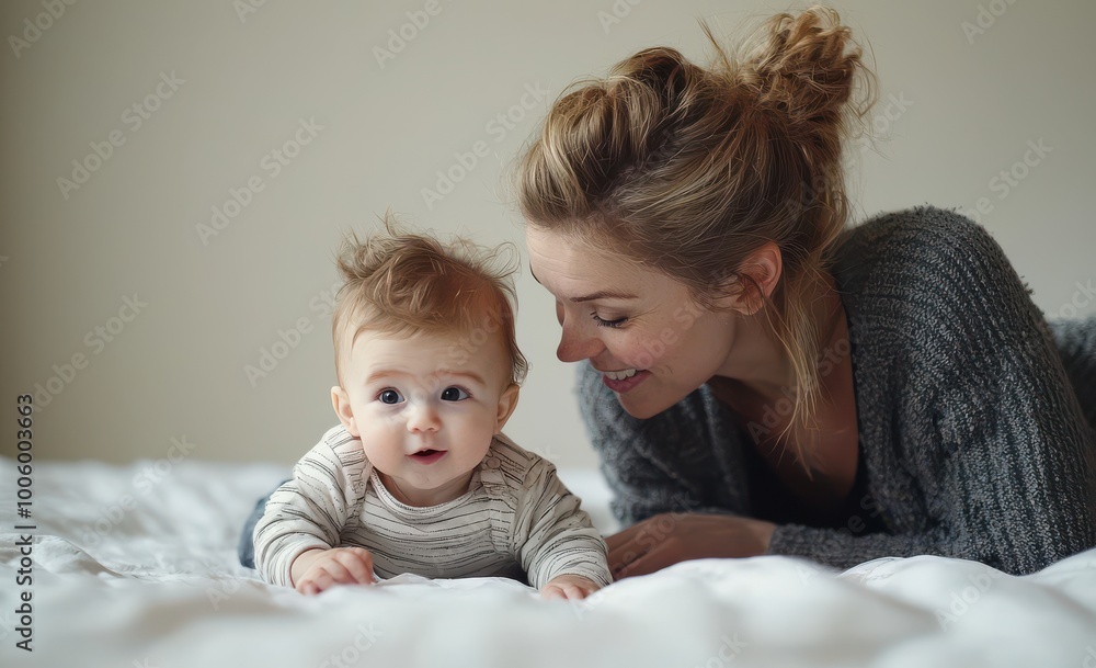 A mother smiles lovingly at her baby as they enjoy playful bonding time on a cozy bed A mother smiles lovingly at her baby as they enjoy playful bonding time on a cozy bed
