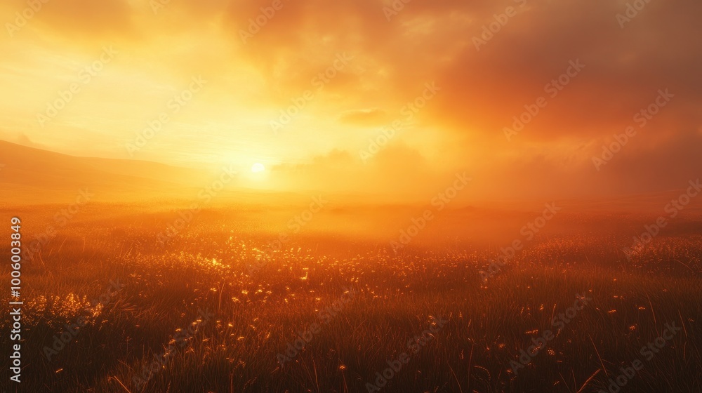Fototapeta premium A sunrise over the plains, with mist rising from the ground and the light casting a golden glow across the landscape. -