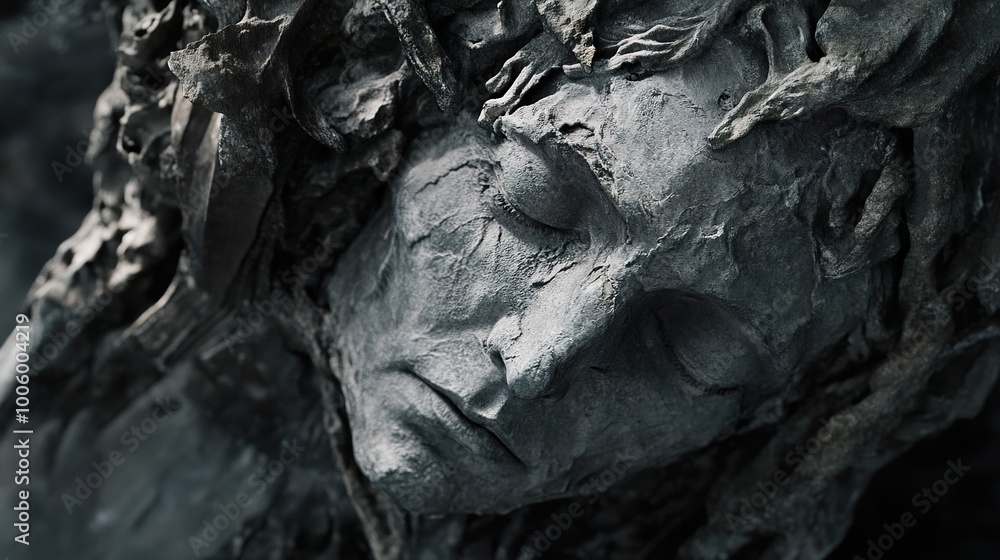 Close-Up of a Stone Sculpture of a Human Face Close-Up of a Stone Sculpture of a Human Face