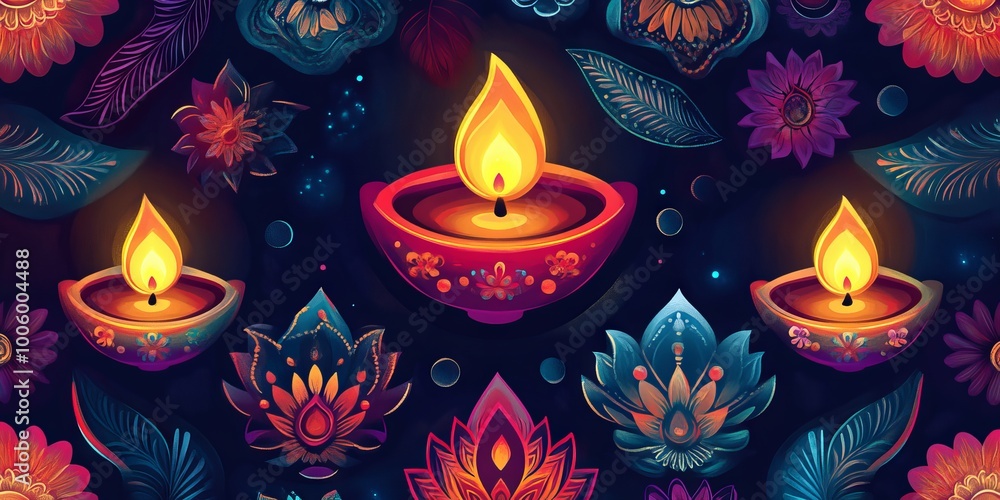 Festive Diwali poster featuring glowing diyas and colorful motifs. Festive Diwali poster featuring glowing diyas and colorful motifs.