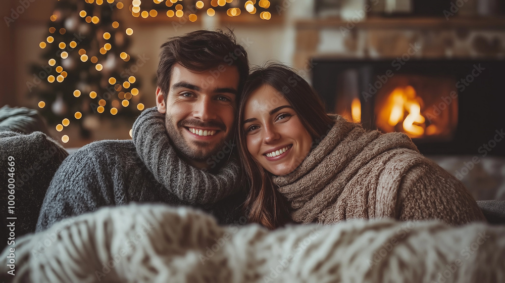 Couple covered in plaid sitting near fireplace at home Couple covered in plaid sitting near fireplace at home