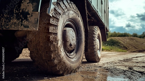 Close-up of a Mud-Covered Truck Tire on a Rough Road