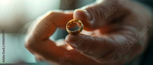 Close-up: Left hand with gold ring between index finger and thumb. Accentuated by lighting, hand and ring have golden hue and silhouette effect against blurred background. photo