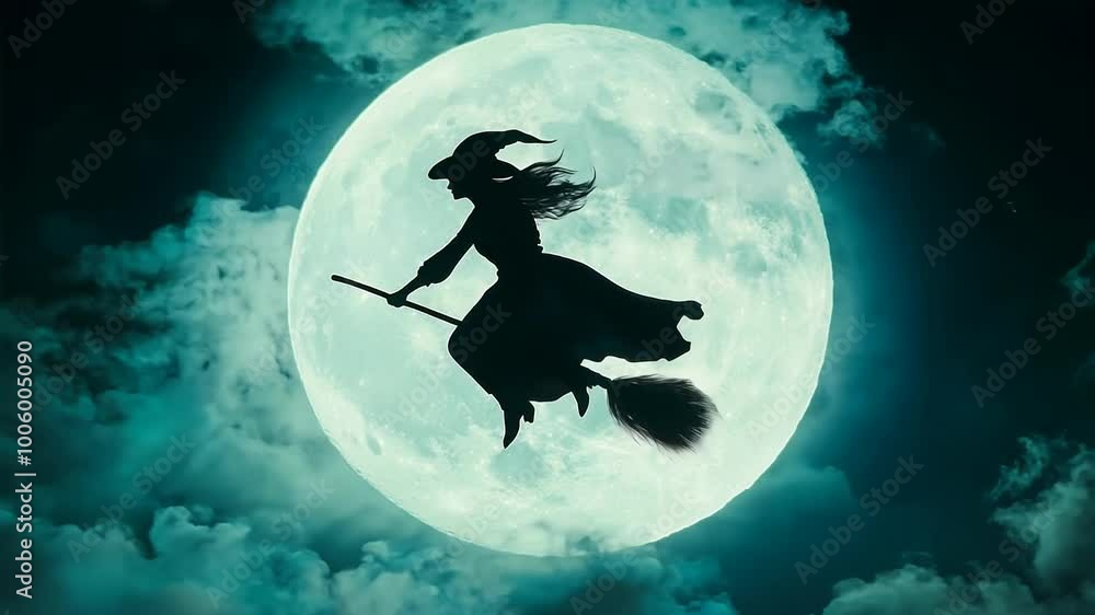Silhouette of Witch Flying on Broom in Front of Full Moon Silhouette of Witch Flying on Broom in Front of Full Moon
