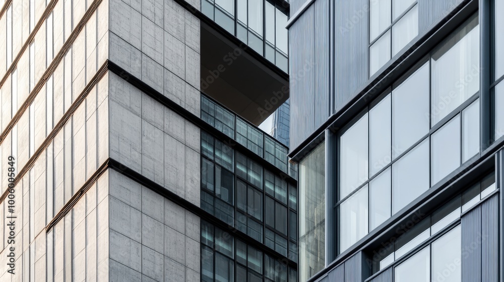 A close-up of facade with a mix of glass, steel, and concrete, showcasing modern architectural trends A close-up of facade with a mix of glass, steel, and concrete, showcasing modern architectural trends
