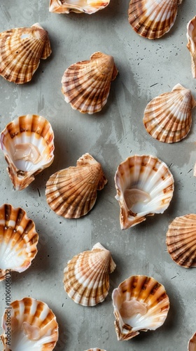 Shells of various sizes, colors, and textures are neatly arranged on a gray table, creating a minimalistic visual impact.