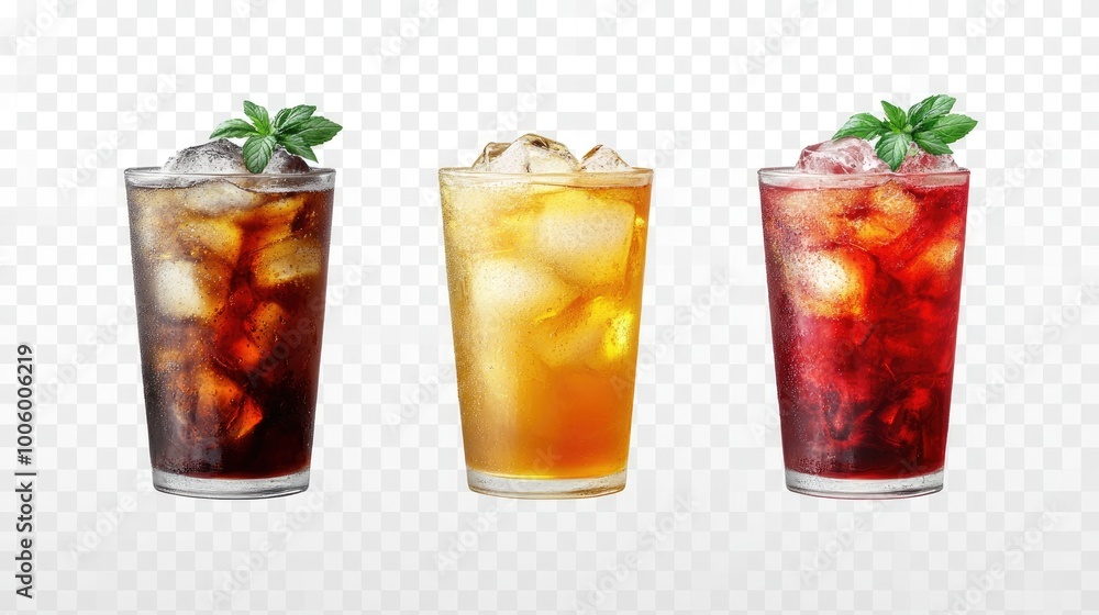 High-resolution display of iced tea, green tea, and red tea side by side, isolated on a transparent background, capturing the crisp textures and striking colors of each drink. High-resolution display of iced tea, green tea, and red tea side by side, isolated on a transparent background, capturing the crisp textures and striking colors of each drink.