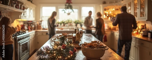 Family gathering in cozy kitchen with holiday decor and warm lighting, preparing food during festive Christmas season photo