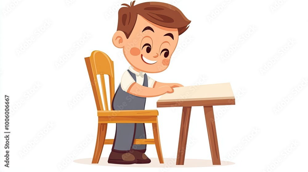 Fototapeta premium Cartoon Boy Sitting at a Wooden Table and Chair