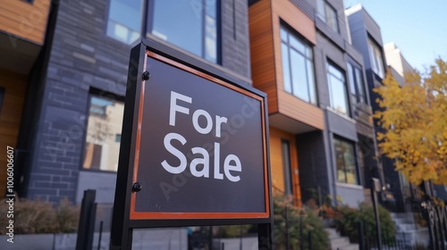 A close-up of a "For Sale" sign in front of a modern townhouse, capturing the dynamic real estate market