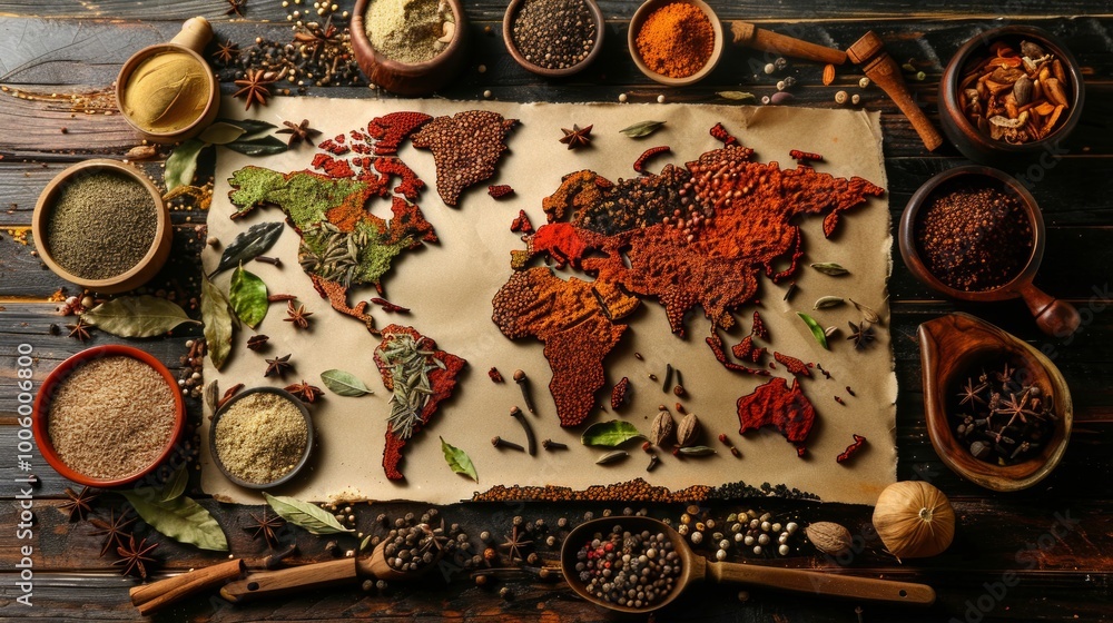A world map made of spices on wood creatively showcases culinary diversity. Each spice represents a continent, adding colors and textures, visually engaging viewers A world map made of spices on wood creatively showcases culinary diversity. Each spice represents a continent, adding colors and textures, visually engaging viewers
