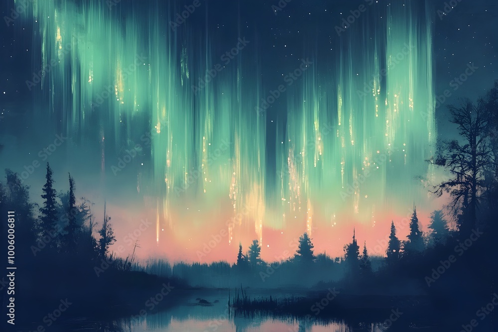 Fototapeta premium Captivating Aurora Borealis Display in Serene Pastel toned Nocturnal Wilderness Landscape Mesmerizing Cascading Lights in Ethereal Patterns